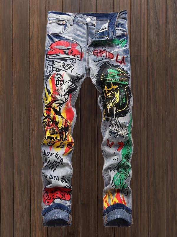 HOT Mens Graffiti Doodle Slim Fit Distressed Punk Jeans - Trendy Streetwear Denim Pants with Unique Pattern Ripped Knees and Five Pocket Design - Perfect for Hip Hop Fashion Enthusiasts