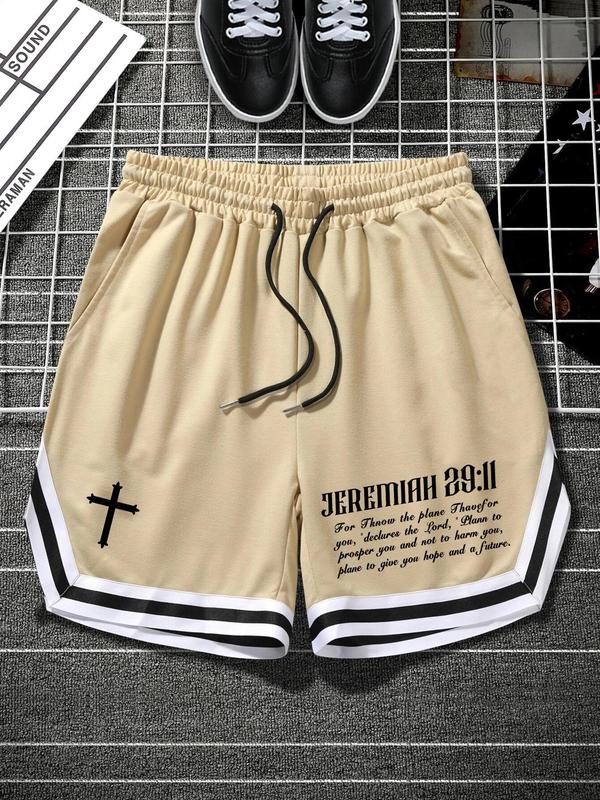 Men's Cross & Letter Print Drawstring Shorts, Loose Casual Streetwear Striped Trim Elastic Waist Pocket Track Shorts for Summer, Fashion Men's Bottoms for Daily Wear