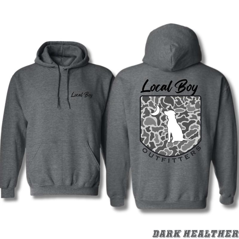 Local Boy Outfitters Hoodie - Classic camouflage design featuring a dog and moon graphic, perfect for nature lovers, unisex hoodie offering comfort and made for wilderness explorers, designed for men.