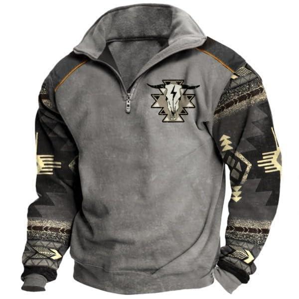 Western Cowboy Men Aztec Hoodie Vintage Graphic Hoodies for Men Oversized Long Sleeve Half Zip Pullover Casual Menswear Stylish Sweaters Tops Underwear Human Khaki