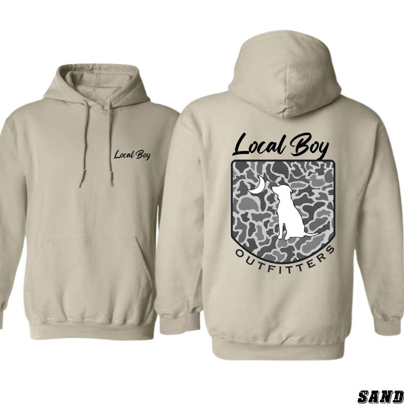 Local Boy Outfitters Hoodie - Classic camouflage design featuring a dog and moon graphic, perfect for nature lovers, unisex hoodie offering comfort and made for wilderness explorers, designed for men.