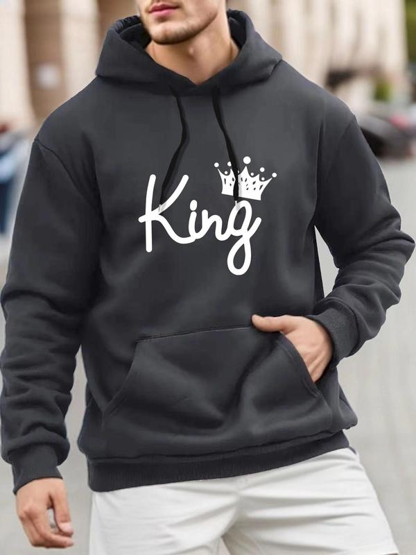 Men's Letter & Crown Print Drop Shoulder Thermal Lined Hoodie, Fashion Casual Regular Fit Drawstring Pocket Hooded Sweatshirt for Daily Holiday Outdoor Wear, Men Clothes for Fall & Winter