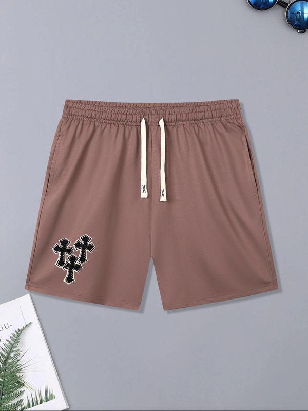 Men's Cross Print Pocket Drawstring Shorts, Casual Elastic Waist Track Shorts for Summer, Shorts for Men, Streetwear, Men's Bottoms for Daily Wear, Summer Outfits 2024, Menswear