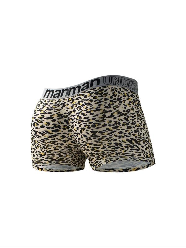 Men's Leopard Print Letter Tape Boxer Briefs, Breathable Comfortable Underwear for Daily Wear, Casual Men's Underwear for All Seasons