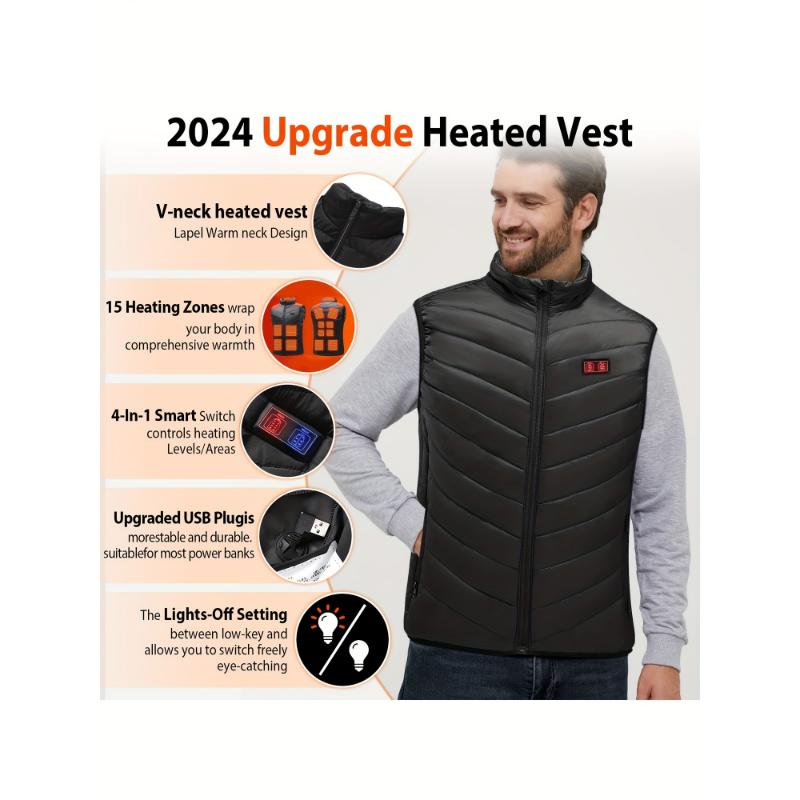 17 Heating Zones Smart Electric Heated Vest For Men Women USB Rechargeable 3 Temperature Heating Outdoor Vest For Winter Camping Hunting Skiing Lightweight Washable Heated Jackets (No Battery)