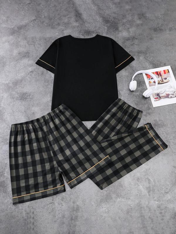 Three-Piece Set Men's Colorblock Print Short Sleeve Pocket Tee & Plaid Printed Elastic Waist Shorts & Pants Pajama Set, Casual Comfy Three Piece PJ Set, Men's Sleepwear for All Seasons