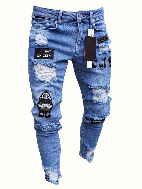 HOT Men's Casual Skinny Fit Jeans Ripped & Patchwork Embroidered Design Men's Versatile Street Style Denim Pants For All Seasons