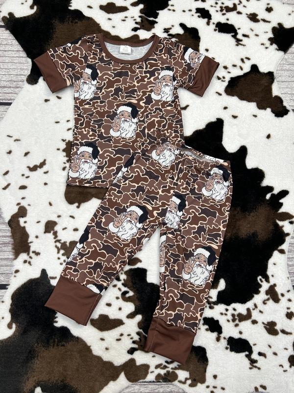 BSPO0480--Santa brown camo Christmas short sleeved pant pajama set