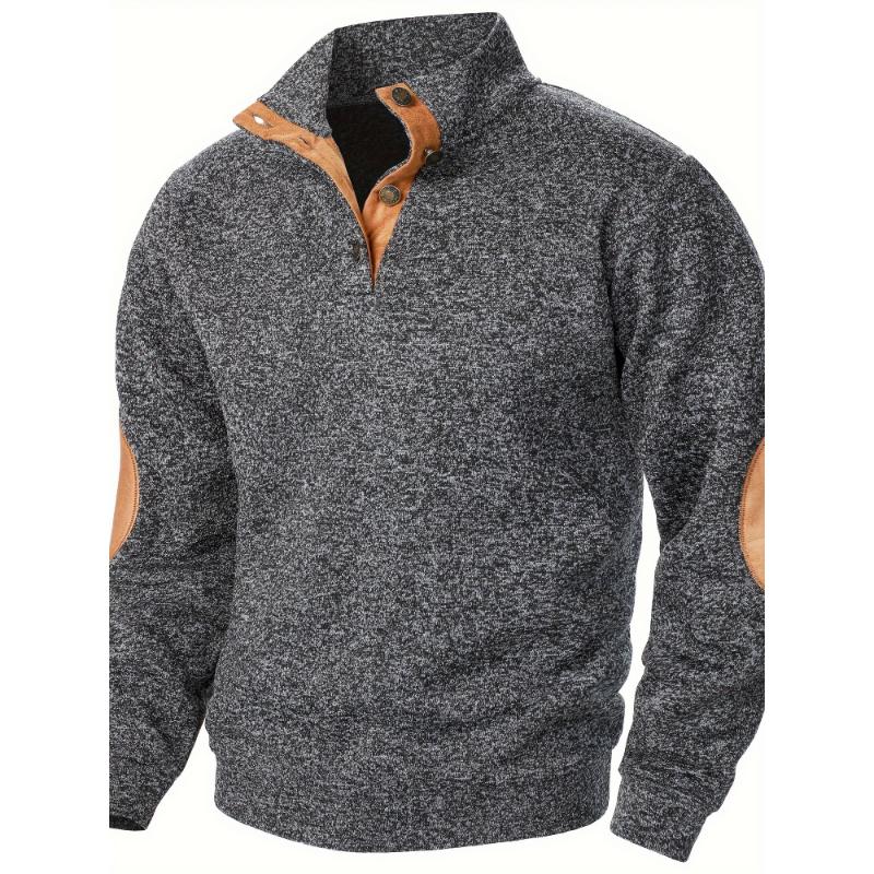 Men's Color Blocking Patched Stand Collar Sweater For Autumn And Winter, Casual Trendy Top As Gift Knitwear Menswear