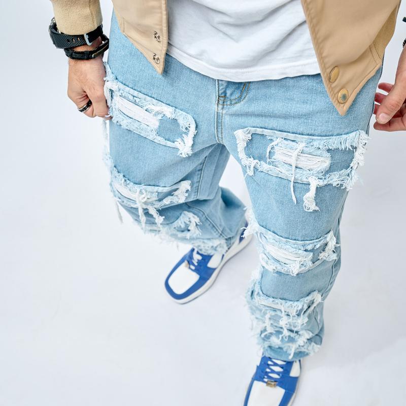 Men's Loose Fit jeans Men Carpenter Denim Pants Stylish Hip Hop Ripped Patch Wide-Leg Casual Pants Streetwear Male Casual Straight Denim Trousers Menswear Underwear Human Pocket Beige Plain solid