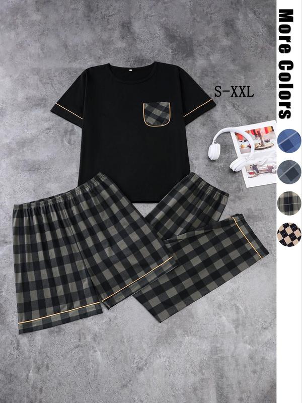 Three-Piece Set Men's Colorblock Print Short Sleeve Pocket Tee & Plaid Printed Elastic Waist Shorts & Pants Pajama Set, Casual Comfy Three Piece PJ Set, Men's Sleepwear for All Seasons