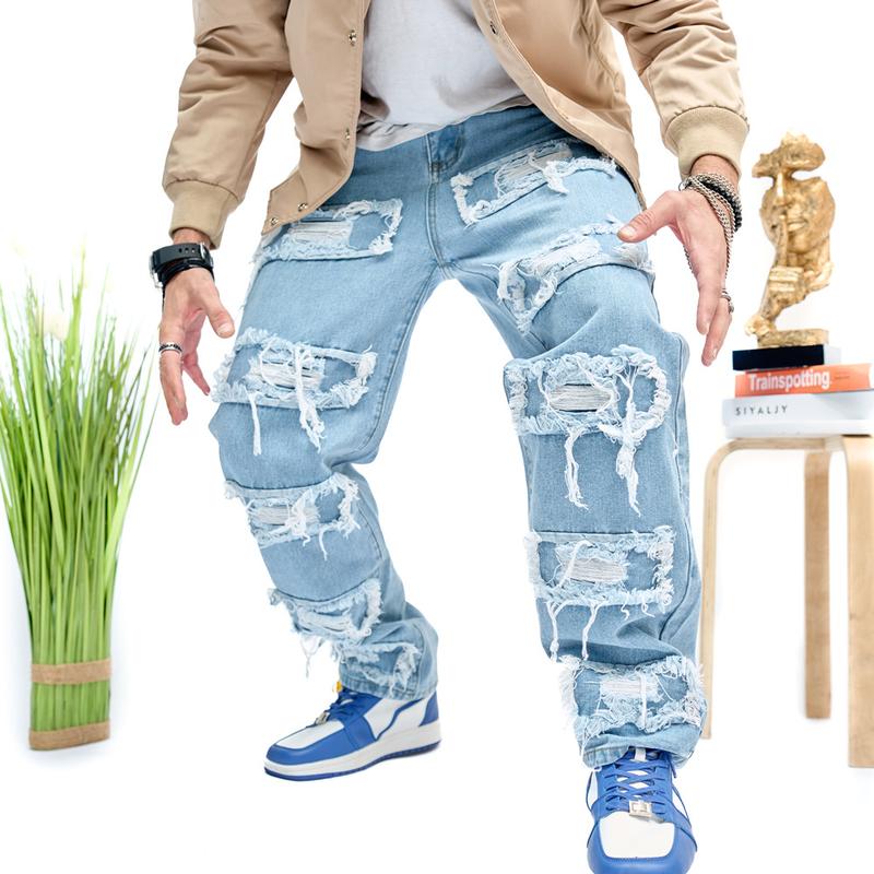 Men's Loose Fit jeans Men Carpenter Denim Pants Stylish Hip Hop Ripped Patch Wide-Leg Casual Pants Streetwear Male Casual Straight Denim Trousers Menswear Underwear Human Pocket Beige Plain solid