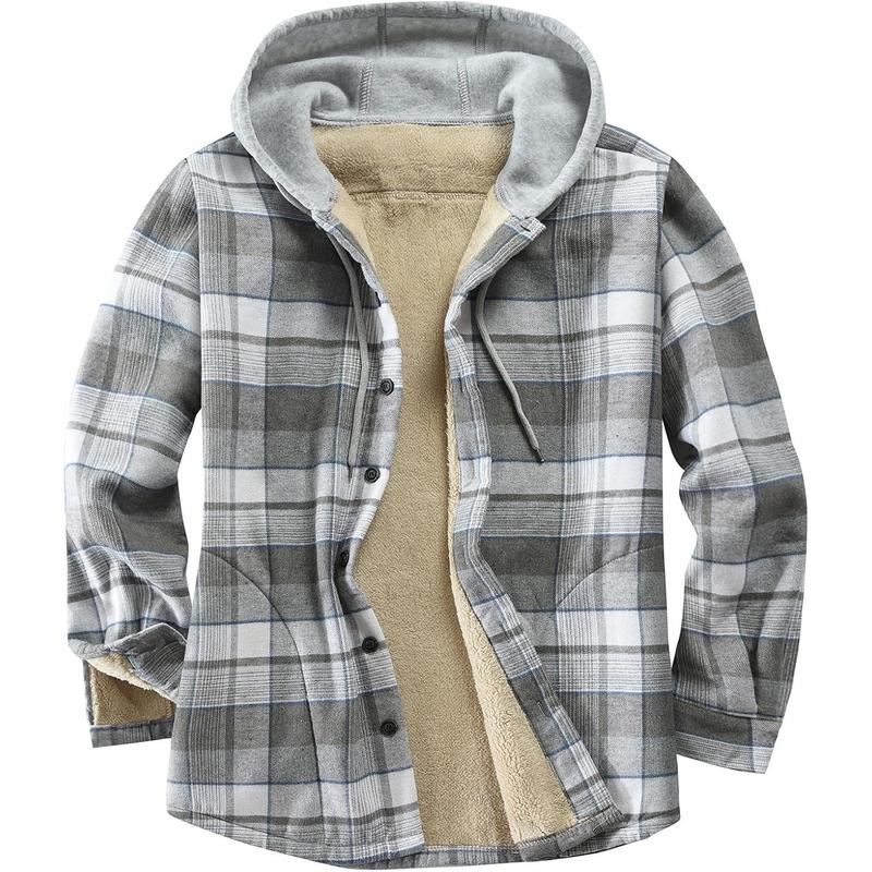 Men's Cotton Plaid Shirts Jacket Fleece Lined Flannel Shirts Sherpa Button Down Jackets with Hood for Men