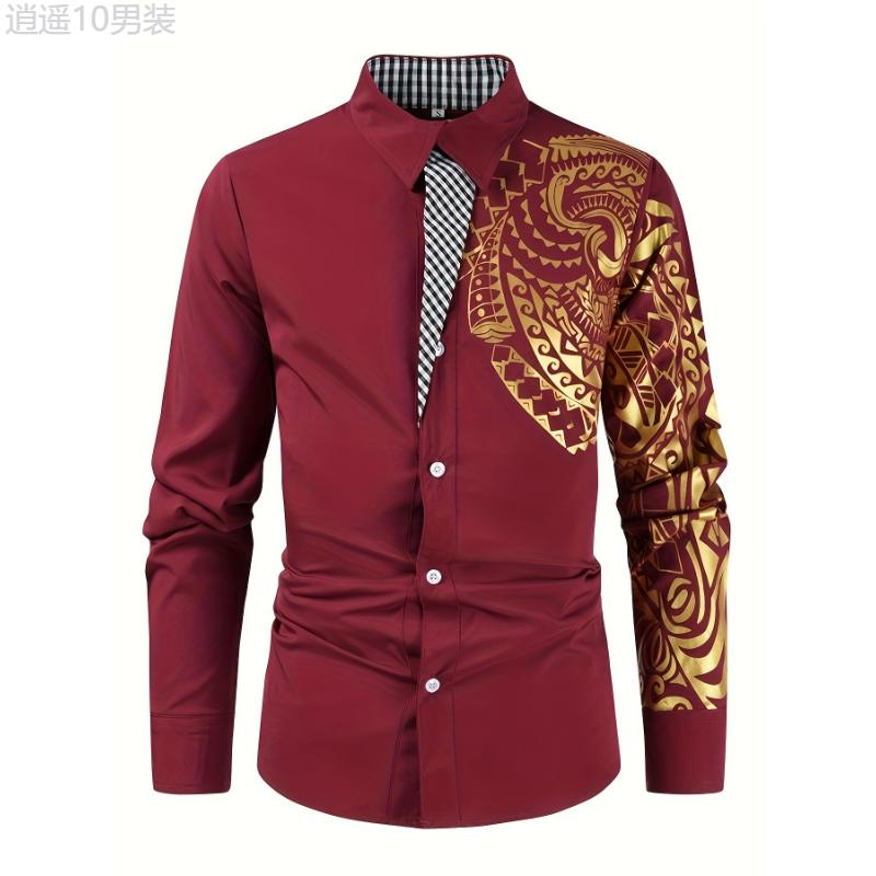 Men's Golden Tribal Print Long Sleeve Slim Fit Dress Shirt for Party Collar Cotton