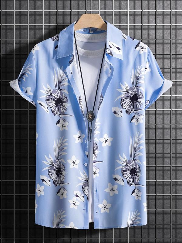 Men's Tropical Print Collared Shirt, Loose Boho Button Short Sleeve Hawaiian Shirt, Shirt for Men, Summer Clothes Top for Beach Vacation , Plz Order One Size Smaller