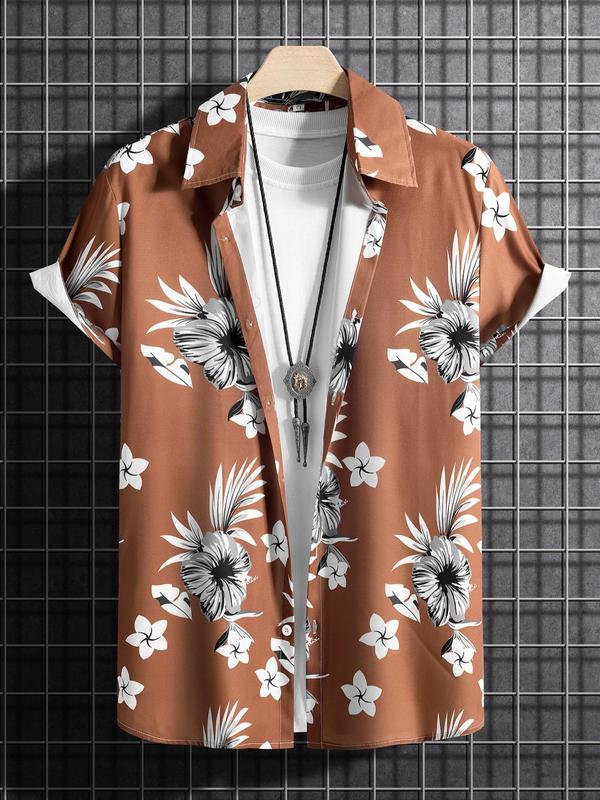 Men's Tropical Print Collared Shirt, Loose Boho Button Short Sleeve Hawaiian Shirt, Shirt for Men, Summer Clothes Top for Beach Vacation , Plz Order One Size Smaller