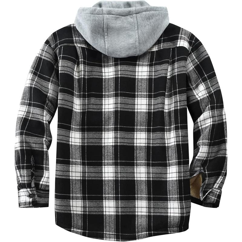 Men's Cotton Plaid Shirts Jacket Fleece Lined Flannel Shirts Sherpa Button Down Jackets with Hood for Men