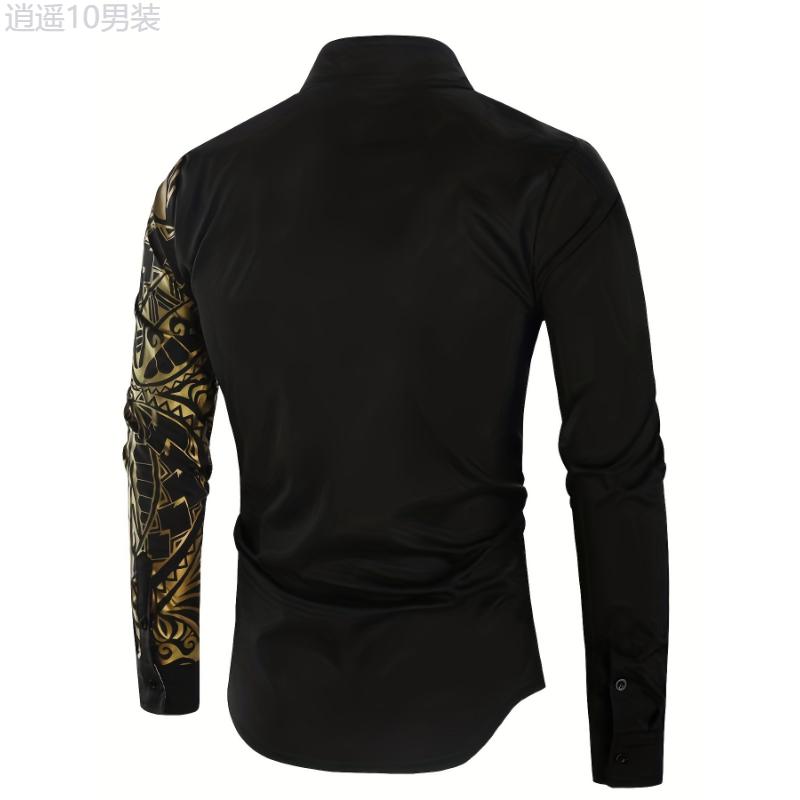 Men's Golden Tribal Print Long Sleeve Slim Fit Dress Shirt for Party Collar Cotton