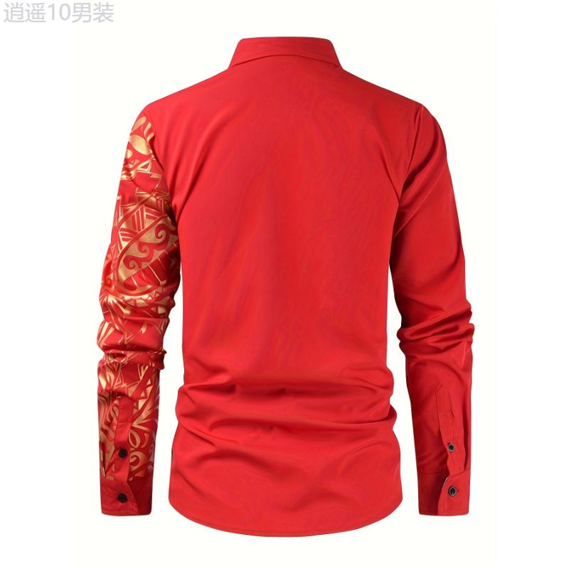 Men's Golden Tribal Print Long Sleeve Slim Fit Dress Shirt for Party Collar Cotton