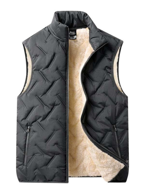 Men's Solid Pocket Zipper Vest Jacket, Regular Fit Casual Stand Collar Thermal Lined Sleeveless Outerwear for Fall & Winter, Men's Clothes for Daily Wear