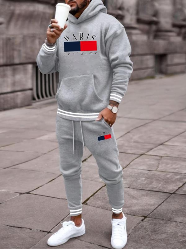 Men's Letter Print Hoodie & Drawstring Waist Sweatpants Two-Piece Set, Casual Regular Fit Long Sleeve Hooded Pullover & Jogger Pants for Fall & Winter, Men's Two-piece Outfits for Daily Wear