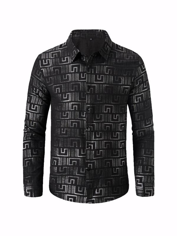 Men's Geometric Print Button Front Shirt, Regular Fit Casual Long Sleeve Collared Top for Spring & Fall, Fashion Men's Clothes for Daily Wear