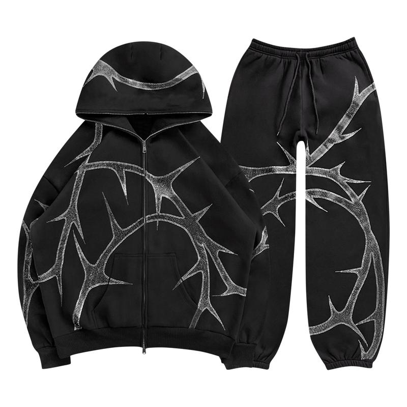 Hip Hop Rhinestone Print Hoodies Pants Suit Men Women Streetwear Fashion Y2k Zipper Hoodie Jacket Gothic Autumn Loose Sweatshirt zip  up