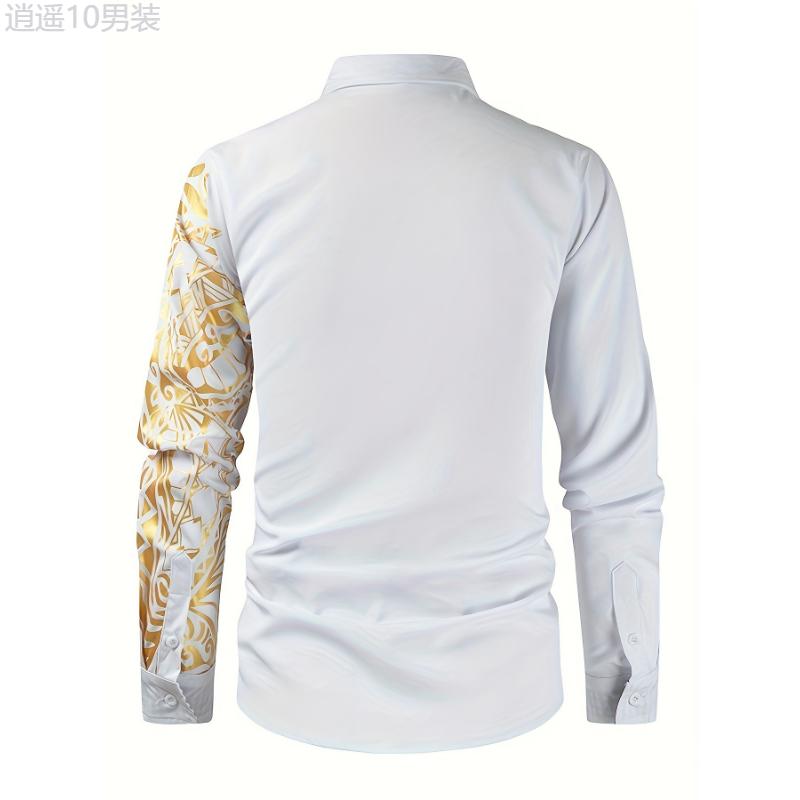 Men's Golden Tribal Print Long Sleeve Slim Fit Dress Shirt for Party Collar Cotton