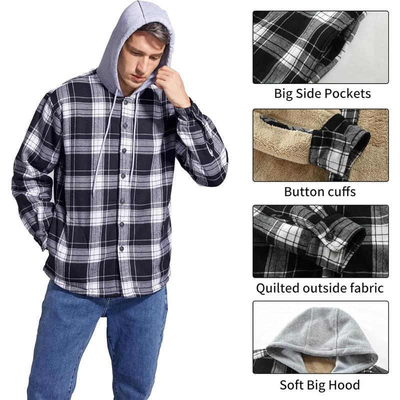 Men's Cotton Plaid Shirts Jacket Fleece Lined Flannel Shirts Sherpa Button Down Jackets with Hood for Men