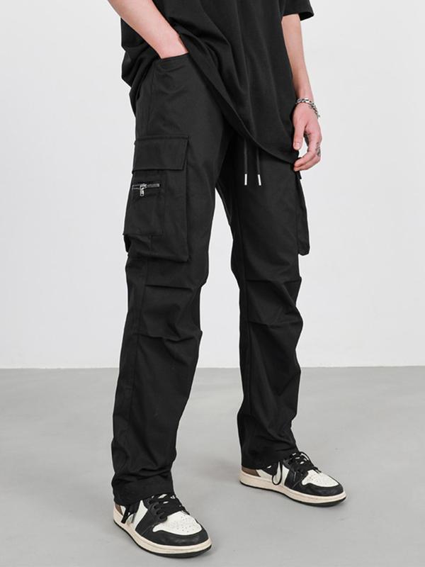 Men's Plain Multi Pocket Drawstring Cargo Pants, Slim Casual Zipper Straight Leg Trousers, Pants for Men, Men's Clothing, Menswear, Please Order One Size Up