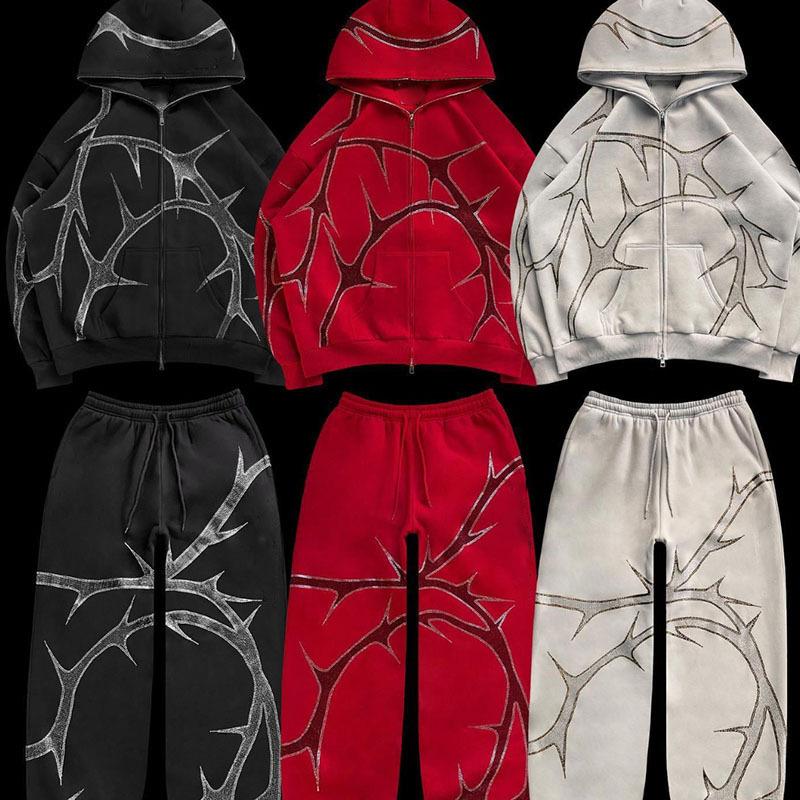 Hip Hop Rhinestone Print Hoodies Pants Suit Men Women Streetwear Fashion Y2k Zipper Hoodie Jacket Gothic Autumn Loose Sweatshirt zip  up