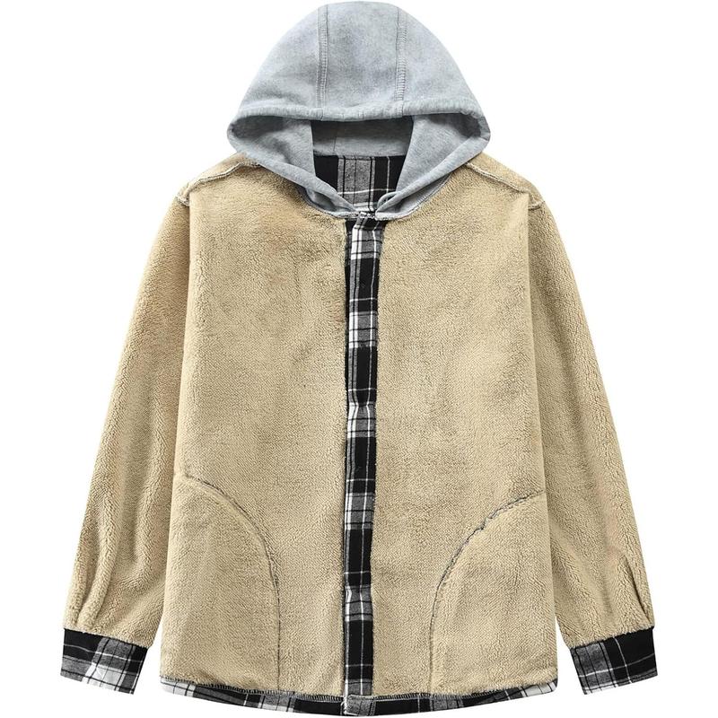 Men's Cotton Plaid Shirts Jacket Fleece Lined Flannel Shirts Sherpa Button Down Jackets with Hood for Men