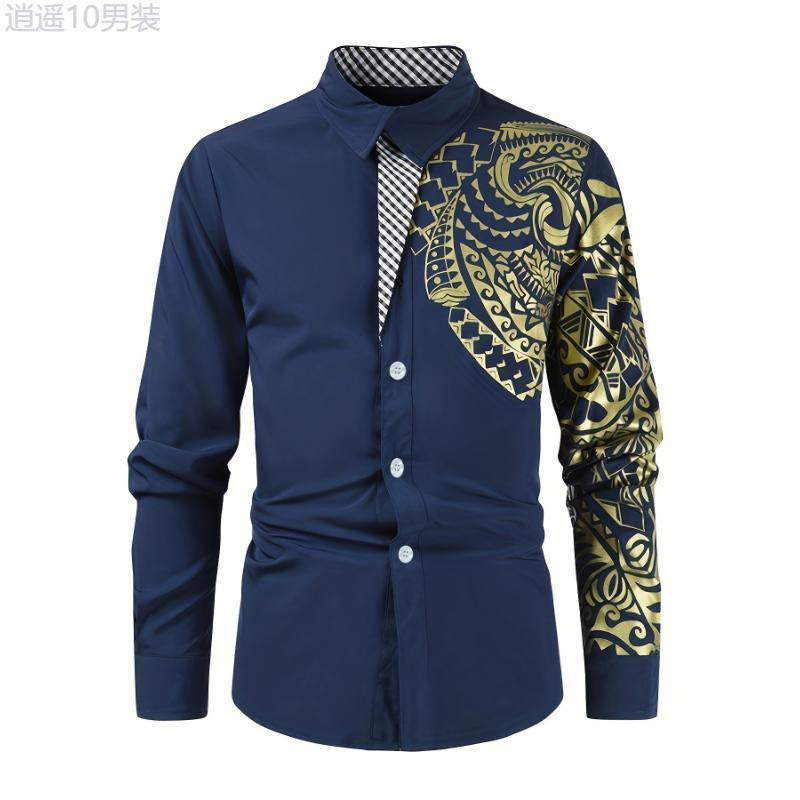 Men's Golden Tribal Print Long Sleeve Slim Fit Dress Shirt for Party Collar Cotton