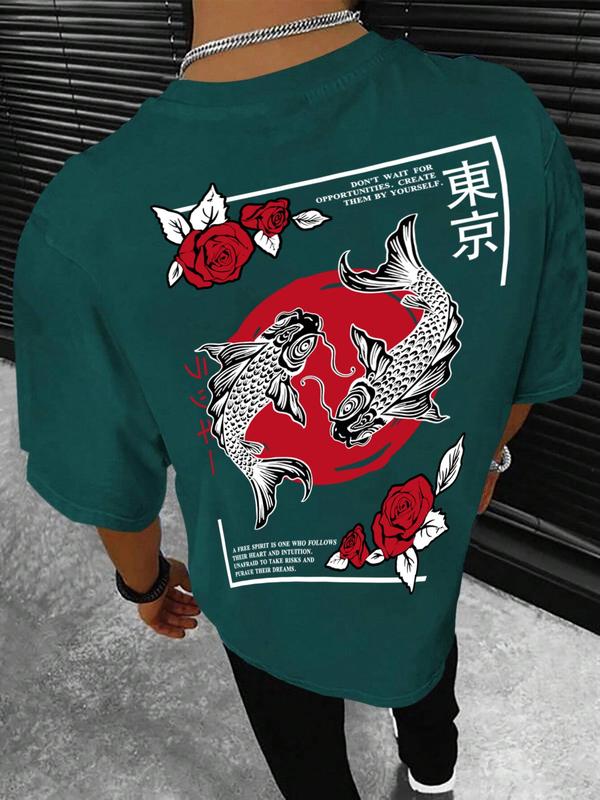 Unisex Loose Fish & Letter Graphic Half Sleeve Round Neck Tee, Tokyo City Name Print Carp Rose Flower Print T-shirt, Casual Street Style, Graphic Tees for Men, Unisex Style, Summer Outfits 2024, Casual Crew Neck T-shirt for Daily Wear, Men's Top