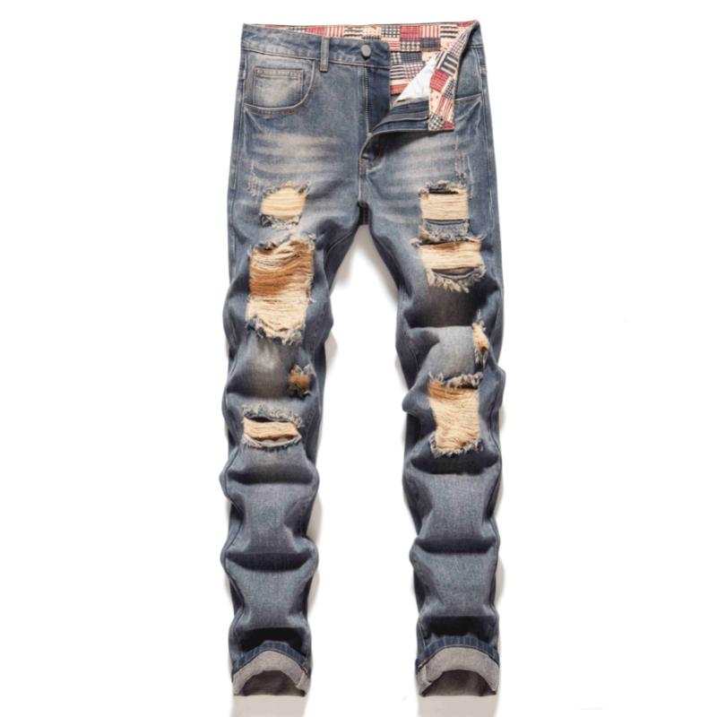 Regular Fit Ripped Jeans, Men's Casual Street Style Distressed Denim Pants For All Seasons