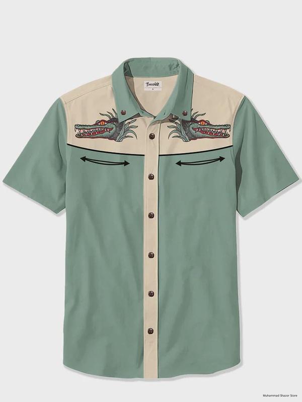 Crocodile at the water's edge Casual Button Shirt All Over Printed Retro Western Style Gift Ideas Many Color Options