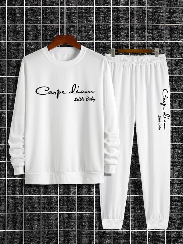 Men's Letter Print Sweatshirt & Pocket Sweatpants Set, Regular Fit Casual Long Sleeve Round Neck Pullover & Elastic Waist Trousers, Men's Fall & Winter Clothes