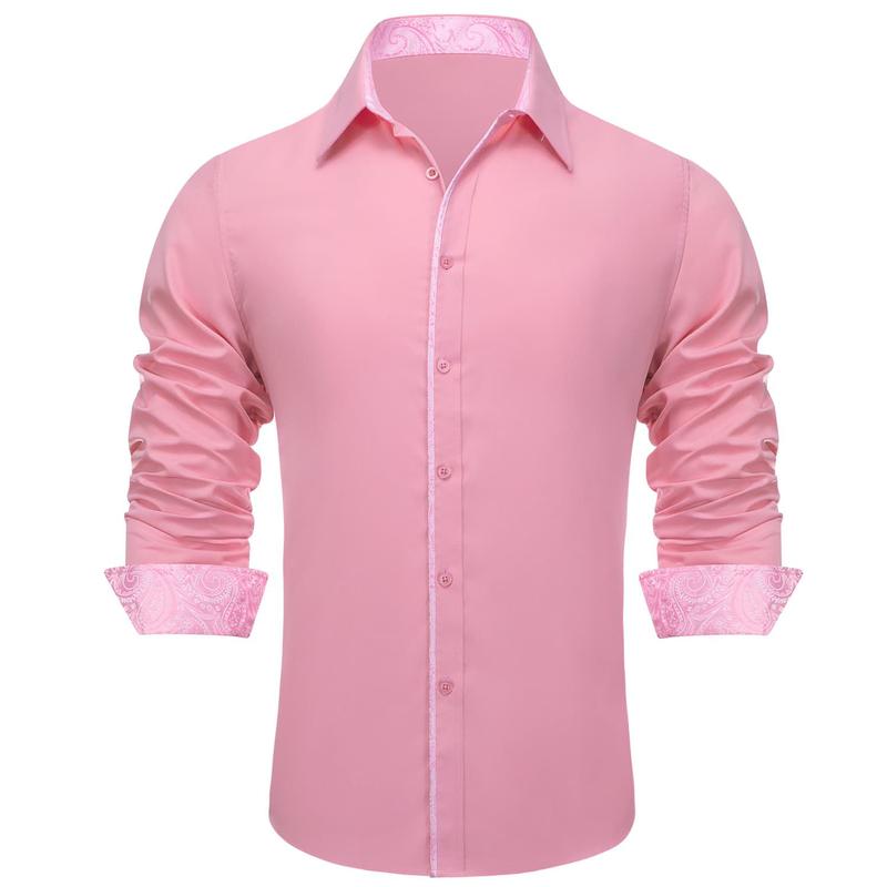 Pink Long Sleeve Shirt with Paisley Cuffs for Men Menswear Top Casual Classic men s Elastic Polyester Men's Long