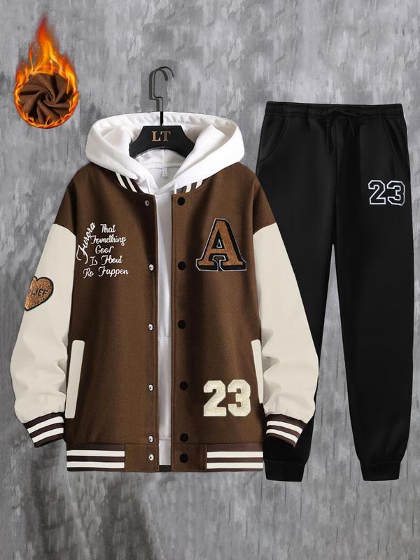 Two-Piece Set Men's Colorblock Graphic Drop Shoulder Button Front Baseball Jacket & Pocket Sweatpants, Preppy Style Mock Neck Long Sleeve Outerwear & Jogger Pants for Daily Wear, Men's Two-piece Outfits for Fall & Winter