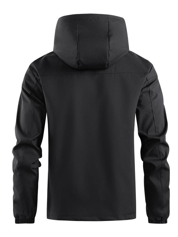 Men's Solid Color Pocket Zip Up Hooded Jacket, Regular Fit Casual Drawstring Long Sleeve Windproof Waterproof Jacket for Daily Wear, Jackets for Men 2024, Men's Outerwear for Fall & Winter