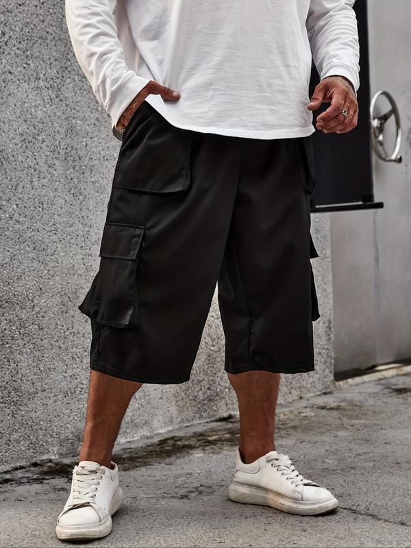 Men's Plus Size Solid Drawstring Waist Cargo Pants, Casual Streetwear Pocket Shorts, Summer Shorts for Daily Wear, Fashion Men's Bottoms for All Seasons