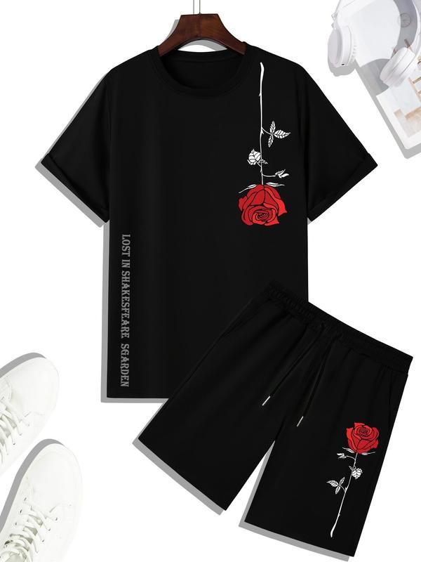 Two Pieces Men's Floral Print Tee & Drawstring Waist Shorts Set, Regular Fit Round Neck Short Sleeve T-shirt & Elastic Waist Track Shorts, Casual Cozy Streetwear Outfits for Summer