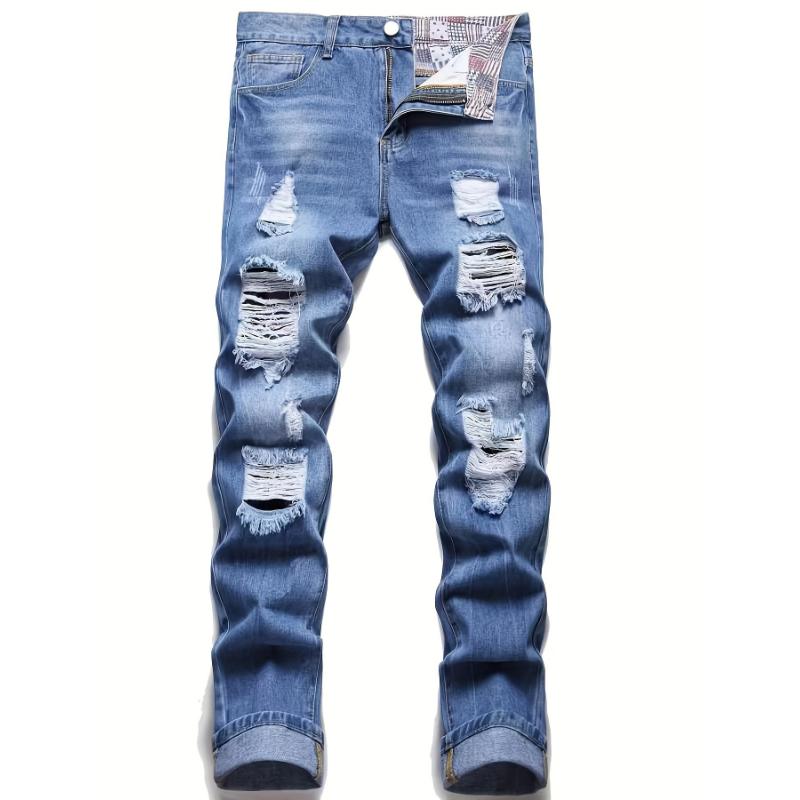 Regular Fit Ripped Jeans, Men's Casual Street Style Distressed Denim Pants For All Seasons