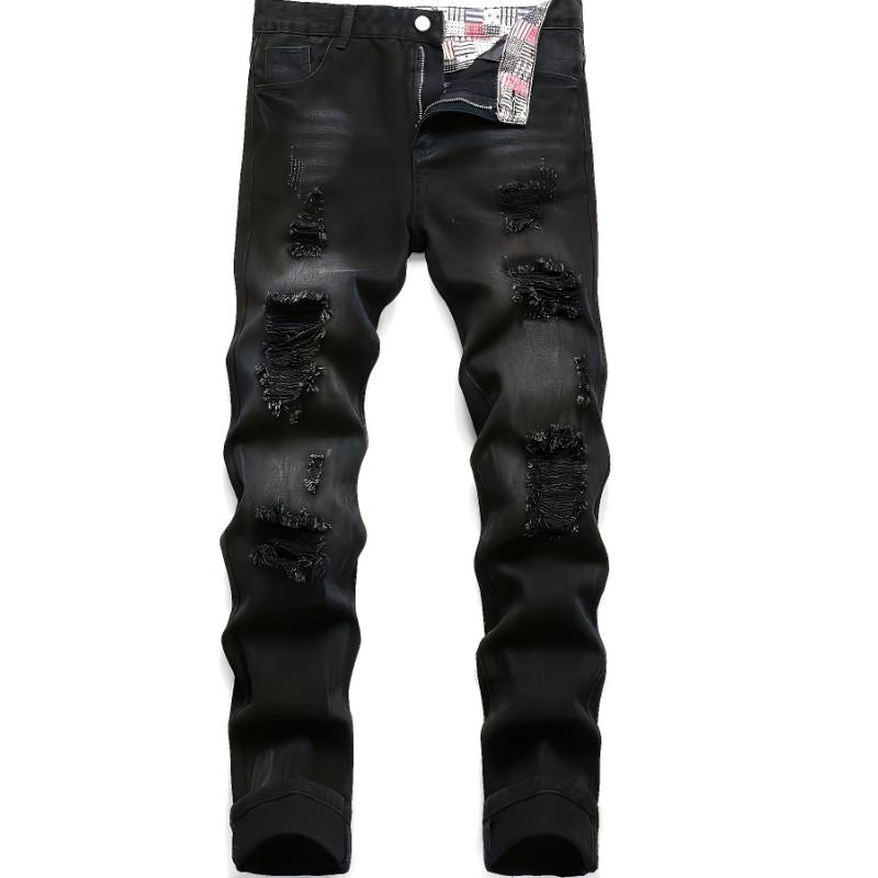 Regular Fit Ripped Jeans, Men's Casual Street Style Distressed Denim Pants For All Seasons