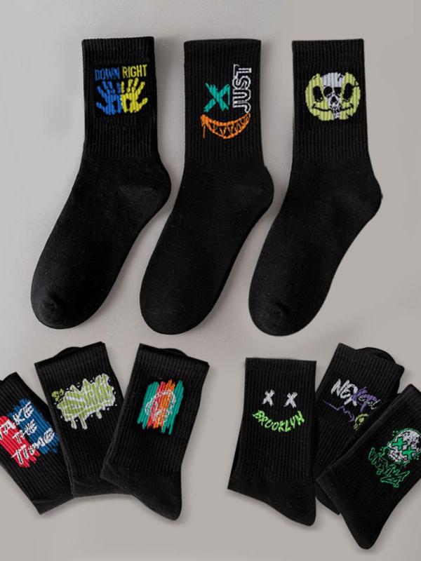 Random 10 Pairs  Men's Cartoon Print Crew Socks, Casual Moisture Wicking Socks, Soft Comfy Breathable Socks for All Seasons Daily Wear