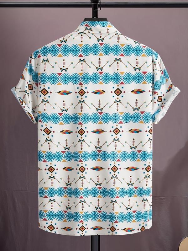 Men's Ethnic Pattern Button Front Pocket Shirt, Regular Fit Short Sleeve Collared Top, Men's Summer Clothes for Beach Vacation Holiday