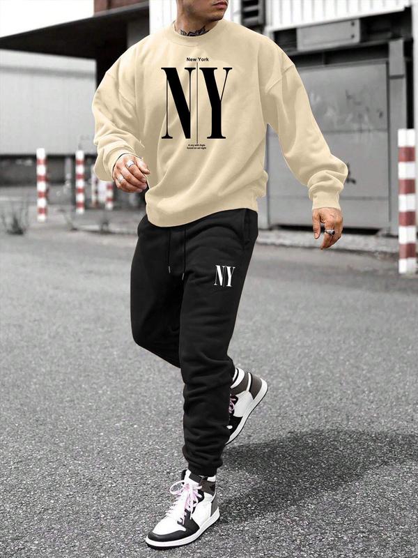 Men's Letter Print Drop Shoulder Sweatshirt & Drawstring Waist Sweatpants Two-piece Set, Regular Fit Casual Fashion Cozy Round Neck Long Sleeve Pullover & Pocket Jogger Pants for Daily Wear, Men's Two-piece Outfits for Summer