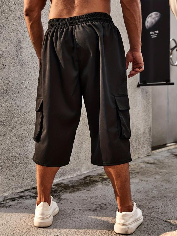 Men's Plus Size Solid Drawstring Waist Cargo Pants, Casual Streetwear Pocket Shorts, Summer Shorts for Daily Wear, Fashion Men's Bottoms for All Seasons