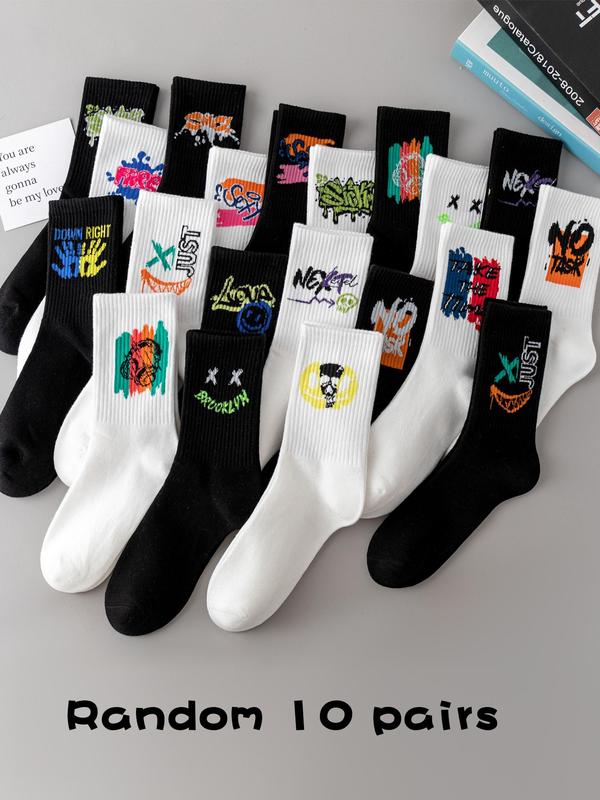 Random 10 Pairs  Men's Cartoon Print Crew Socks, Casual Moisture Wicking Socks, Soft Comfy Breathable Socks for All Seasons Daily Wear