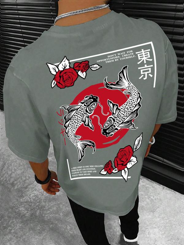 Unisex Loose Fish & Letter Graphic Half Sleeve Round Neck Tee, Tokyo City Name Print Carp Rose Flower Print T-shirt, Casual Street Style, Graphic Tees for Men, Unisex Style, Summer Outfits 2024, Casual Crew Neck T-shirt for Daily Wear, Men's Top